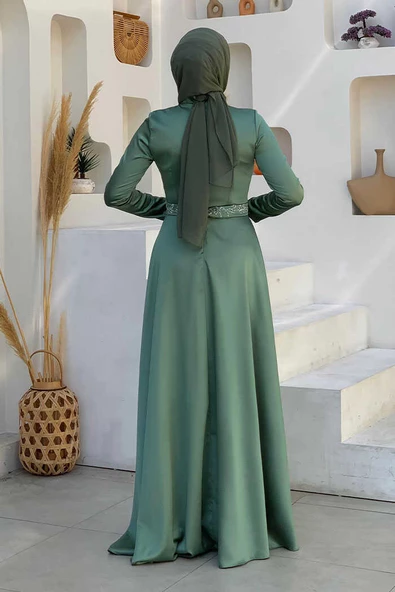 Taş Detaylı Kemer Aksesuarlı Saten Abiye Elbise 5002 Mint - Resim 2