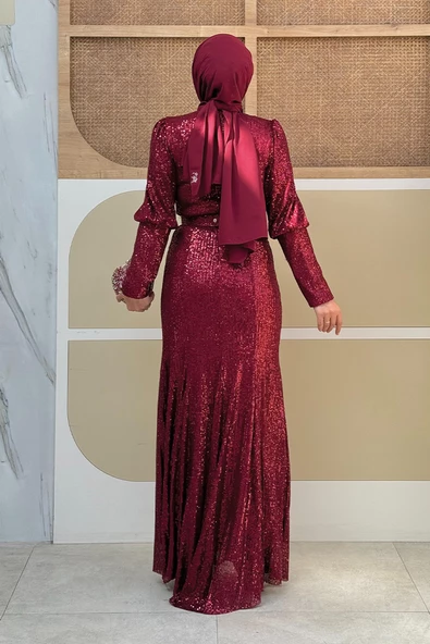 Kemer Aksesuarlı Pul Payet Balık Abiye Elbise 3858 Bordo - 2