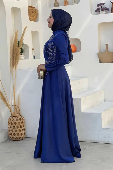 Taş Detaylı Kemer Aksesuarlı Saten Abiye Elbise 5002 Lacivert - 3
