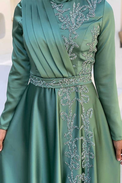 Taş Detaylı Kemer Aksesuarlı Saten Abiye Elbise 5002 Mint - Resim 4