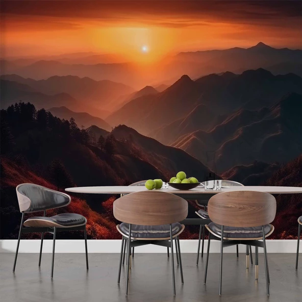 Dağda Günbatımı Manzaralı Duvar Kağıdı Baskı - Resim 5
