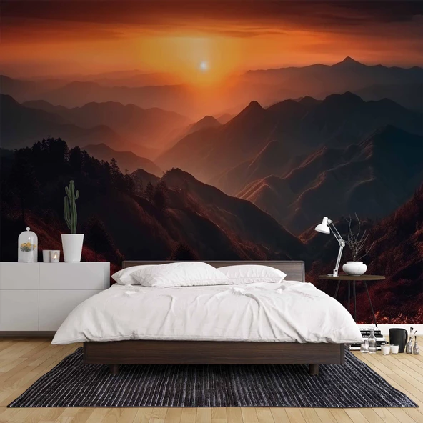 Dağda Günbatımı Manzaralı Duvar Kağıdı Baskı - Resim 2