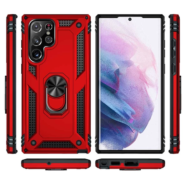 Samsung Galaxy S22 Ultra Kılıf Vega Tank Sert Yüzüklü Standlı Zırh Koruma Kapak - Resim 6