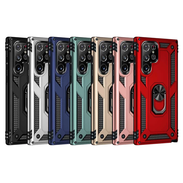 Samsung Galaxy S22 Ultra Kılıf Vega Tank Sert Yüzüklü Standlı Zırh Koruma Kapak - Resim 4