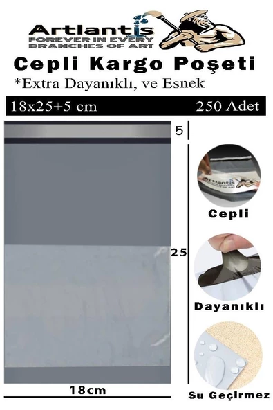 Plastik Kargo Poşeti Cepli 18x25+5 cm 250 Adet 1 Paket Ekonomik Cepli Kargo Poşeti Dayanıklı Gri Esnek