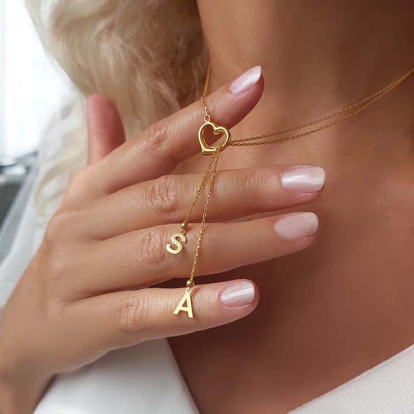 Vaoov 925 Ayar Gümüş Çift Harfli Sallantılı Kalp Kolye - Resim 3