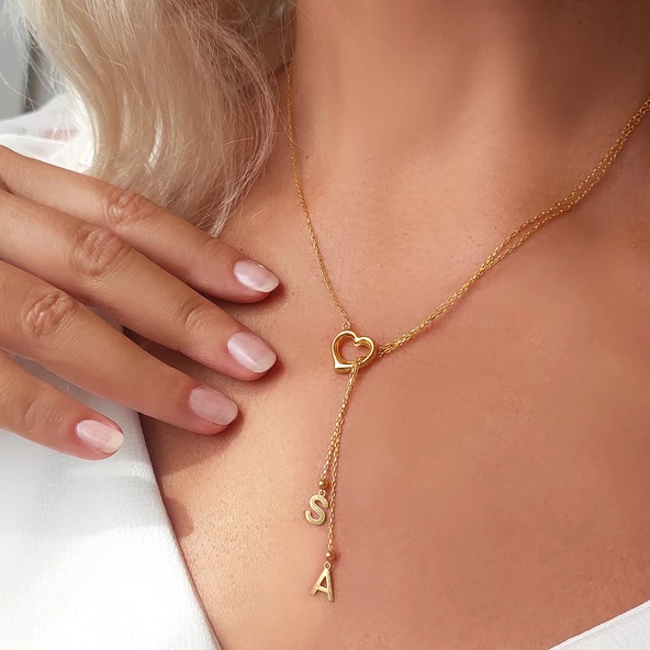 Vaoov 925 Ayar Gümüş Çift Harfli Sallantılı Kalp Kolye - Resim 5