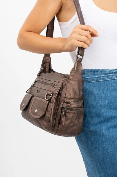 Y.S.Deri Kadın Çapraz Askılı Postacı Omuz Çantası Vegan Deri 25*20 Cm Bayan Omuz Çantası Çok Cepli - 5