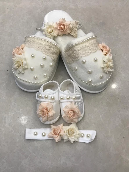 Lohusa Terlik Taç Anne Bebek Takımı İncili Kuru Çiçek  Taç Ecru - Resim 2