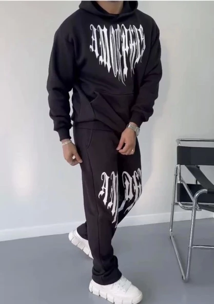 Kışlık Kapşonlu Üç İplik  Baskılı Eşofman Takım - Siyah - 4