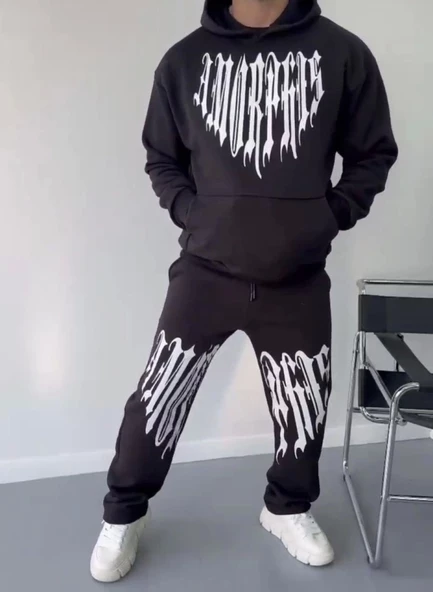 Kışlık Kapşonlu Üç İplik  Baskılı Eşofman Takım - Siyah - 3