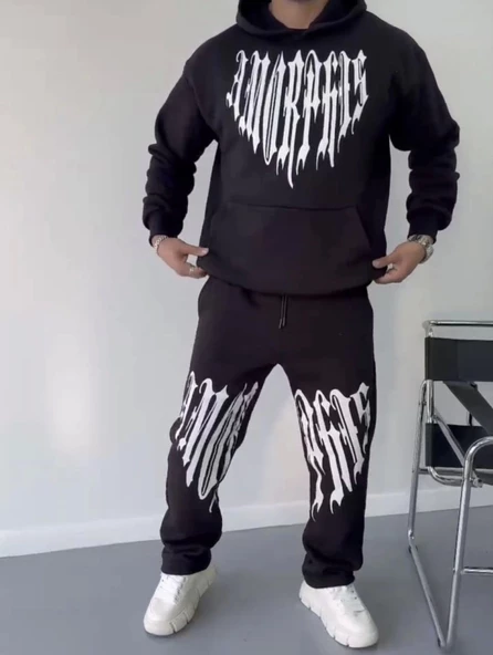 Kışlık Kapşonlu Üç İplik  Baskılı Eşofman Takım - Siyah - 2