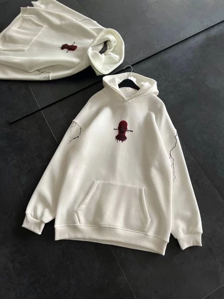 Üç İplik Kapşonlu Baskılı Oversize SweatShirt- Beyaz - 3
