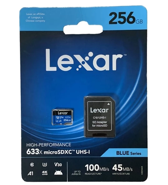 Lexar 633x 256 GB MicroSDXC Class 10 UHS-I Hafıza Kartı + Adaptör Drone Kameralar için
