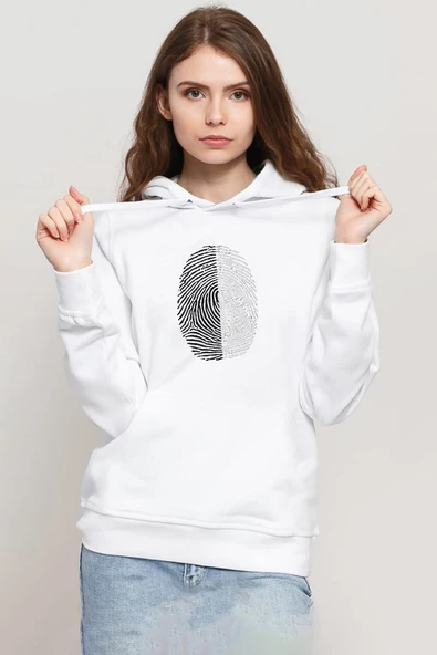 Siyah Beyaz Parmak İzi Beyaz Kadın 3ip Kapşonlu Sweatshirt