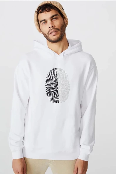 Siyah Beyaz Parmak İzi Beyaz Erkek 3ip Kapşonlu  Sweatshirt