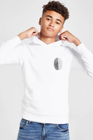 Siyah Beyaz Parmak İzi Beyaz Çocuk 3ip Kapşonlu  Sweatshirt