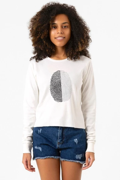 Siyah Beyaz Parmak İzi Ekru Ekstra Uzunkol Sweatshirt ürün görseli 1