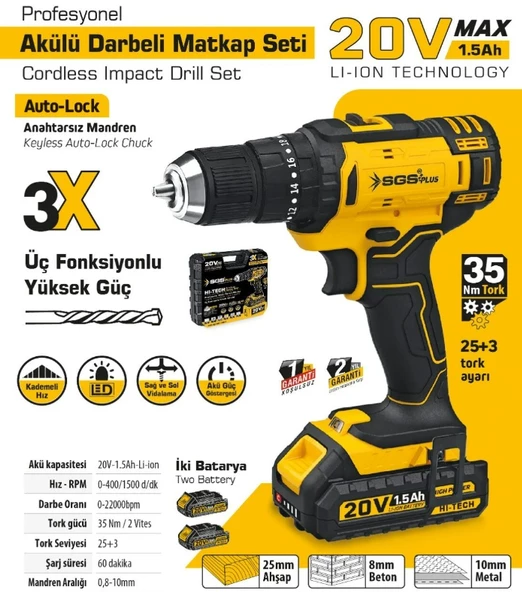 SGS PROFESYONEL AKÜLÜ VİDALAMA SETİ DARBELİ 20 VOLT (1.5Ah) - 2