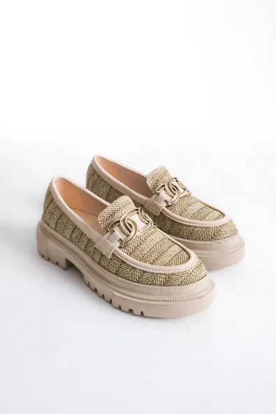 Artı-Artı029-1428 Kadın Günlük Kalın Hafif Taban Bej Hasır Örgü Desenli Kolej Ayakkabı - Resim 4