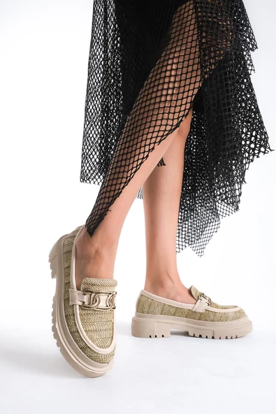 Artı-Artı029-1428 Kadın Günlük Kalın Hafif Taban Bej Hasır Örgü Desenli Kolej Ayakkabı - Resim 3