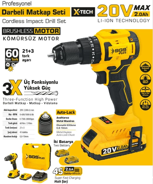 SGS PROFESYONEL DARBELİ MATKAP SETİ 20 VOLT 60Nm (2.0Ah) (KÖMÜRSÜZ MOTOR) - 2