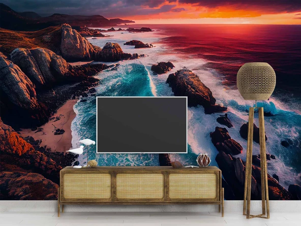 Deniz ve Günbatımı Manzaralı Duvar Kağıdı Baskı - Resim 2