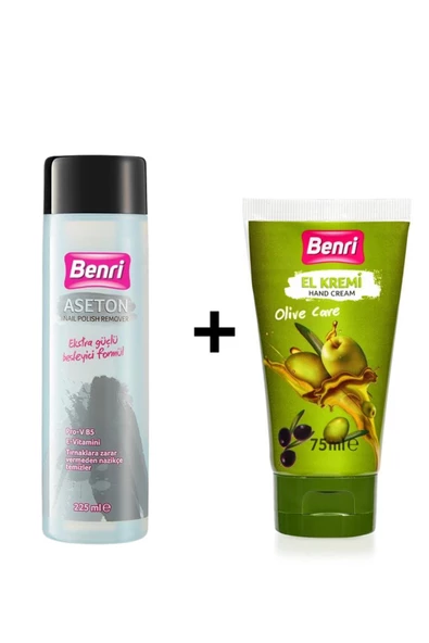 Benri Extra Güçlü Aseton 225 ml Olive Care El Kremi 75 ml Disk Pamuk Hediyeli