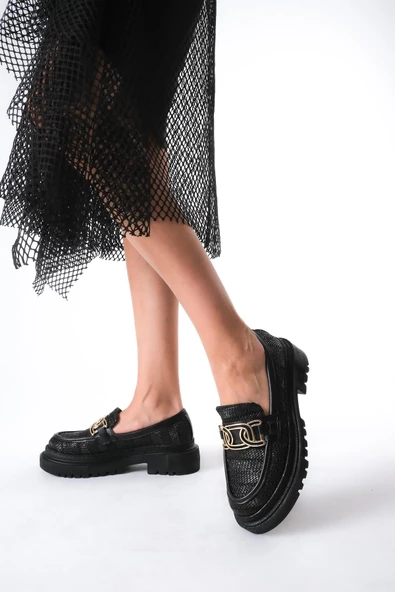 Artı-Artı029-1428 Kadın Günlük Kalın Hafif Taban Siyah Hasır Örgü Desenli Kolej Ayakkabı - Resim 2