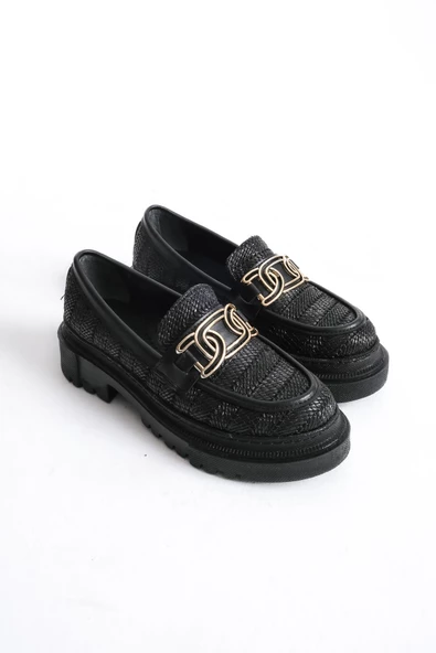 Artı-Artı029-1428 Kadın Günlük Kalın Hafif Taban Siyah Hasır Örgü Desenli Kolej Ayakkabı - Resim 4