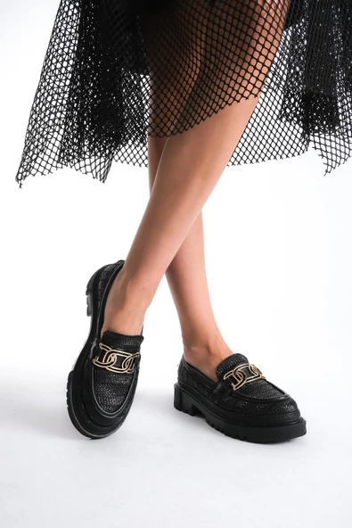 Artı-Artı029-1428 Kadın Günlük Kalın Hafif Taban Siyah Hasır Örgü Desenli Kolej Ayakkabı - Resim 3