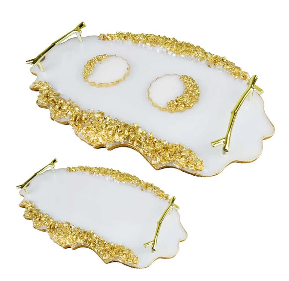TEPSİ EPOKSİ TAŞLI OVAL DAMAT KAHVE SETİ ALTIN 2'Lİ