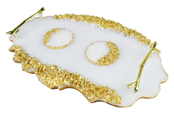 TEPSİ EPOKSİ TAŞLI OVAL DAMAT KAHVE SETİ ALTIN 2'Lİ - Resim 2