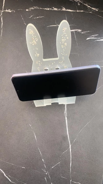 Şeffaf Taş Simli Neon Yeşil Fosfor Telefon Tutacağı Tavşan Figür El Yapımı Epoksi Hediyelik - Resim 7