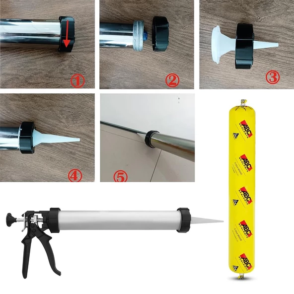 Sosis PU Silikon Mastik Gri Renk 600 ml Tabanca Güçlü Yapıştırıcı Sızdırmaz Yalıtım Tabancalı Set - 2