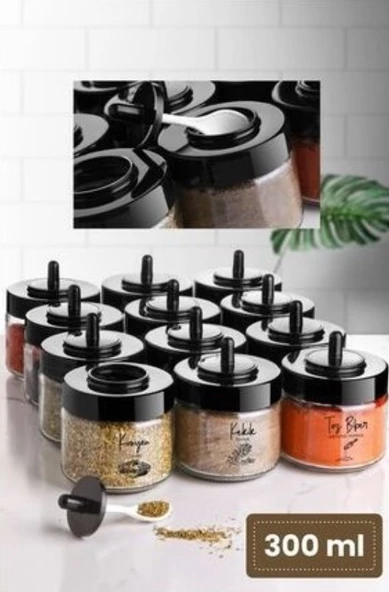 Etiketli 12 Adet Kapağı Kendinden Kaşıklı Baharatlık Seti Kısa