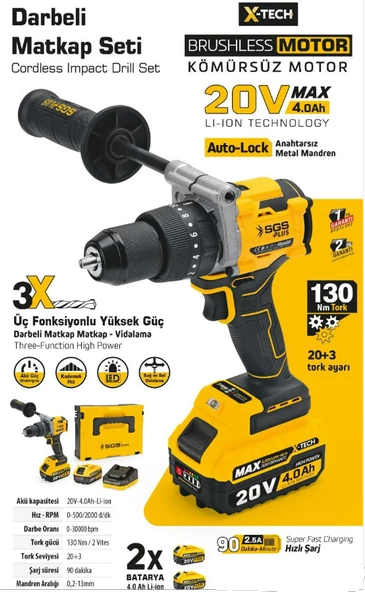 SGS PROFESYONEL DARBELİ MATKAP SETİ 20 VOLT 130 Nm 2 ADET 4.0Ah (KÖMÜRSÜZ MOTOR) - 4