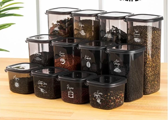 Etiketli Kare Erzak Saklama Kabı 12'li Set 4x(0,55 Litre, 1,2 Litre, 1,75 Litre) Antrasit