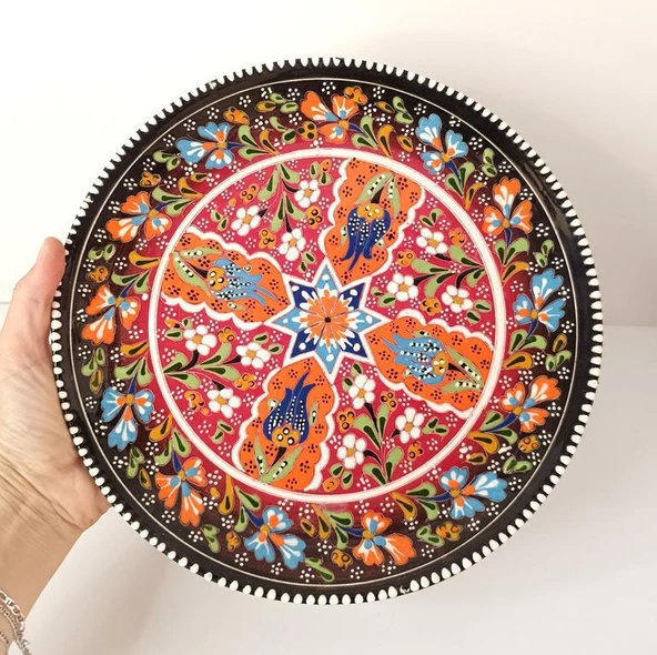 Çini El Yapımı Kabartma Etnik Çiçek Lale Desen Seramik Çini Tabak 27 cm 17158 - 5