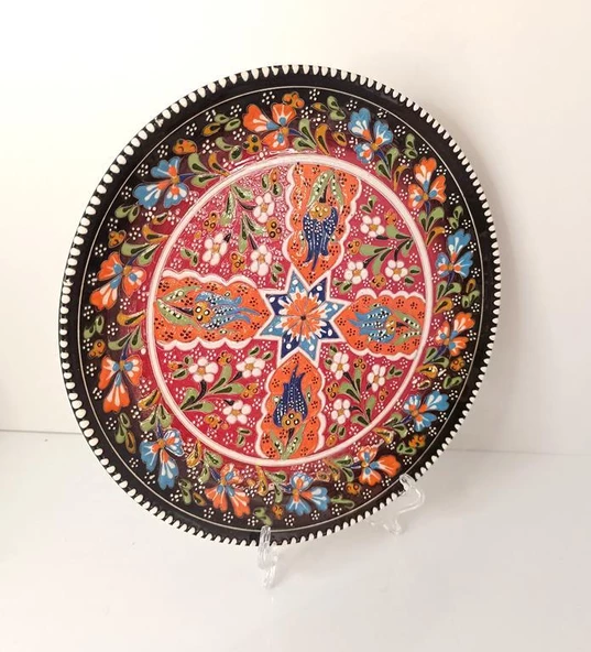 Çini El Yapımı Kabartma Etnik Çiçek Lale Desen Seramik Çini Tabak 27 cm 17158 - 4
