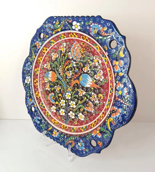 Çini El Yapımı Kabartma Etnik Çiçek Lale Desen Seramik Çini Tabak 30 cm - 3