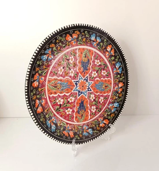 Çini El Yapımı Kabartma Etnik Çiçek Lale Desen Seramik Çini Tabak 27 cm 17158 - 2