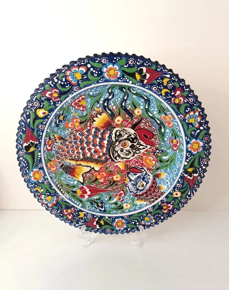 Çini El Yapımı Kabartma Etnik Balık Desen Seramik Çini Tabak 30 cm