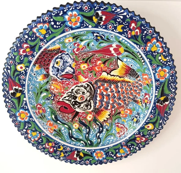 Çini El Yapımı Kabartma Etnik Balık Desen Seramik Çini Tabak 30 cm - 4