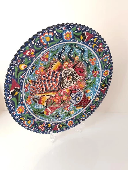 Çini El Yapımı Kabartma Etnik Balık Desen Seramik Çini Tabak 30 cm - 3