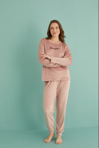 Gd Goldoremi 13165-9 Kadın Be Happy Kadife Manşetli Pijama Takım - 4