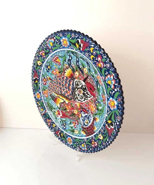 Çini El Yapımı Kabartma Etnik Balık Desen Seramik Çini Tabak 30 cm - 2