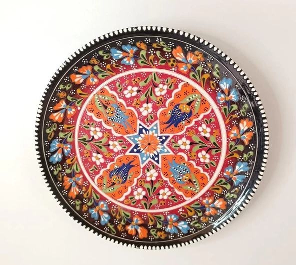 Çini El Yapımı Kabartma Etnik Çiçek Lale Desen Seramik Çini Tabak 27 cm 17158 - 6