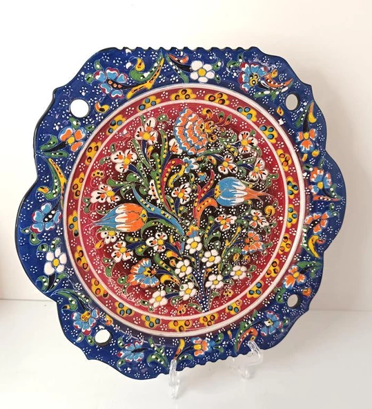 Çini El Yapımı Kabartma Etnik Çiçek Lale Desen Seramik Çini Tabak 30 cm - 4