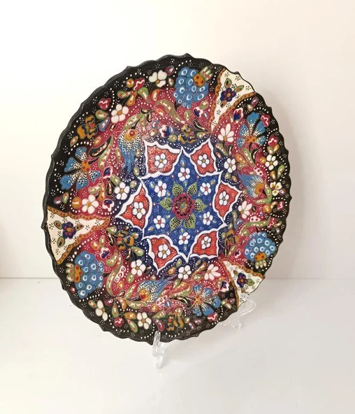 Çini El Yapımı Kabartma Etnik Çiçek  Desen Seramik Çini Tabak 27 cm 17159 - 3